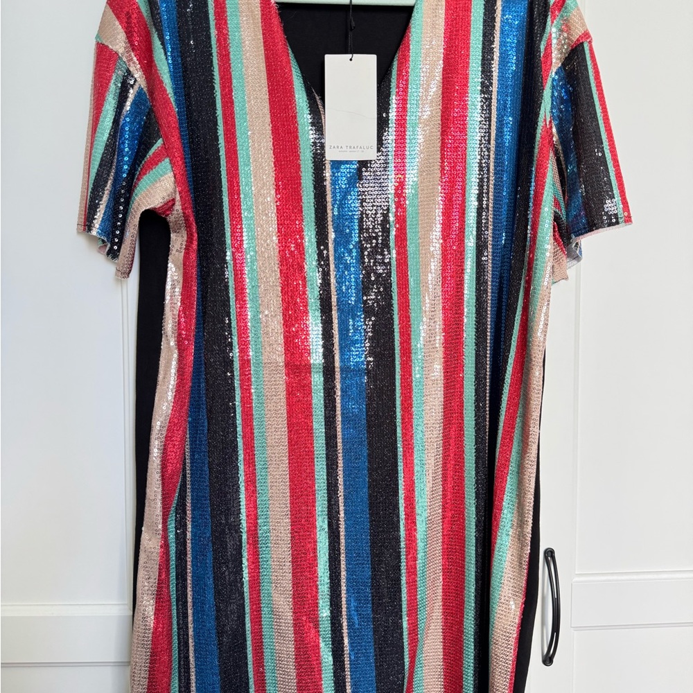 Zara Sequin Dress with Red and Teal Stripes size S